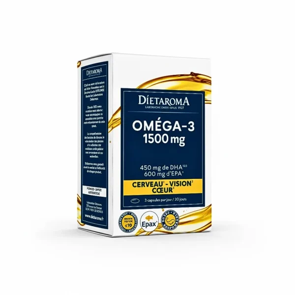 Boîte blanche et dorée Diétaroma Oméga-3 1500 mg 60 capsules