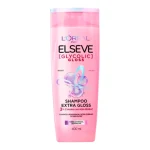 Flacon rose Elseve Glycolic Gloss shampooing 400 ml, étiquette acide glycolique