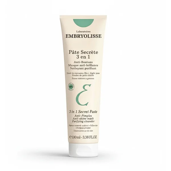 Tube beige Embryolisse Pâte Secrète 3 en 1 100 ml bouchon blanc