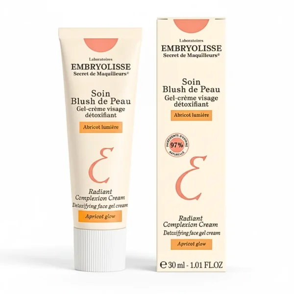 Tube et étui beige Embryolisse Soin Blush de Peau Abricot Lumière 30 ml