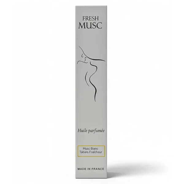 Étui gris Fresh Musc huile parfumée musc blanc, silhouette féminine dessinée