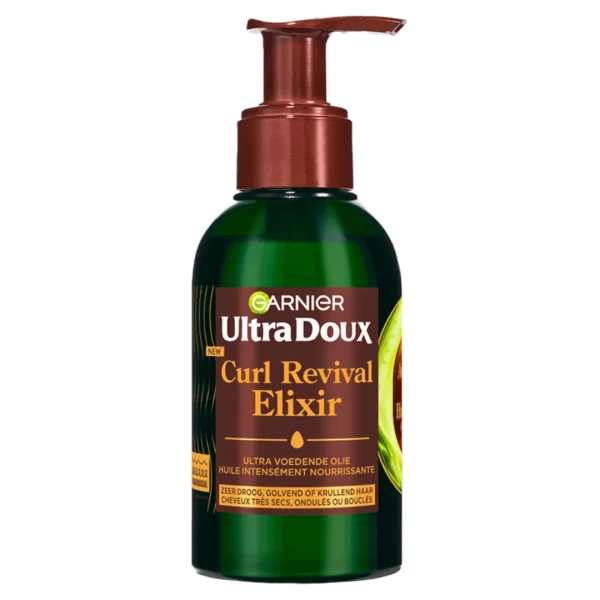 Flacon pompe vert Garnier Ultra Doux Curl Revival Elixir huile capillaire