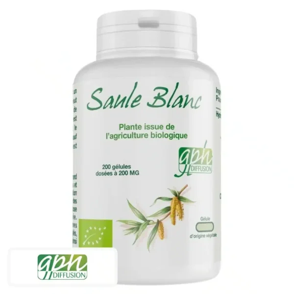Flacon blanc Saule Blanc Bio GPH Diffusion avec gélules végétales et logo bio européen