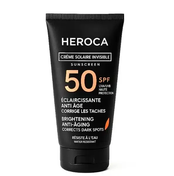Tube noir Heroca crème solaire invisible SPF 50 protection UVA UVB