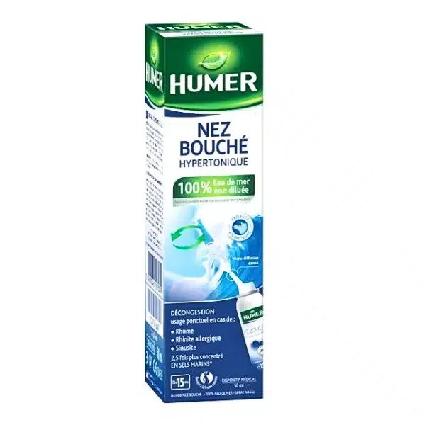 Étui vert et bleu Humer Nez Bouché hypertonique, spray nasal 50 ml