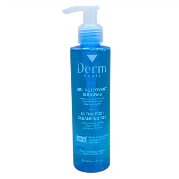 Flacon-pompe bleu Derm Paris gel nettoyant surgras 200 ml, texte en français