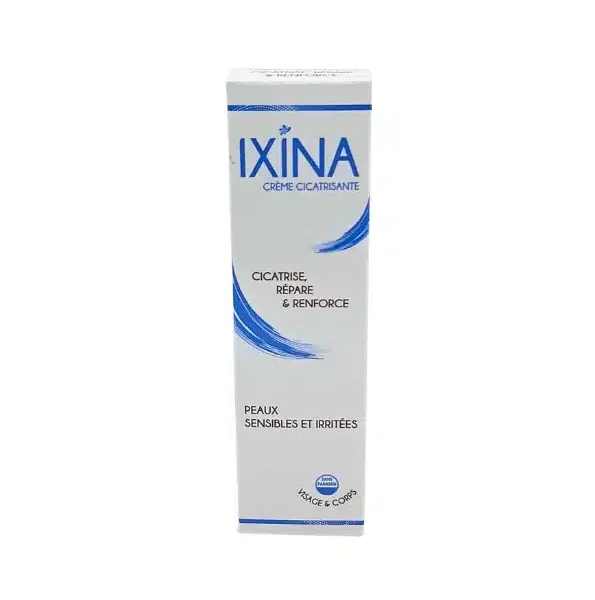 Étui blanc et bleu Ixina crème cicatrisante peaux sensibles et irritées