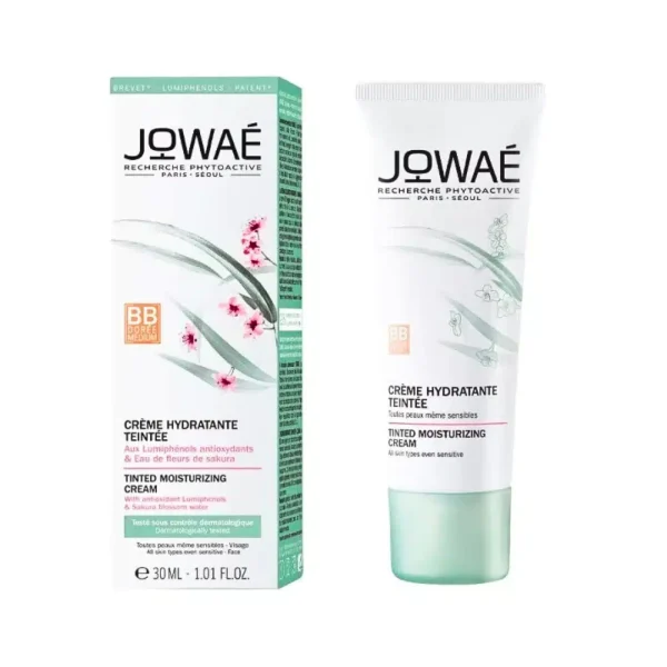 Étui et tube Jowaé crème hydratante teintée BB dorée 30 ml, fleurs sakura