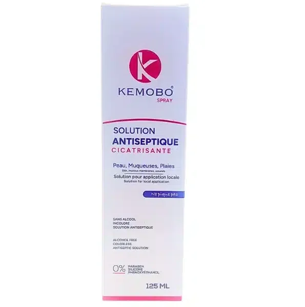 Boîte blanche et rose Kemobo spray solution antiseptique cicatrisante 125 ml