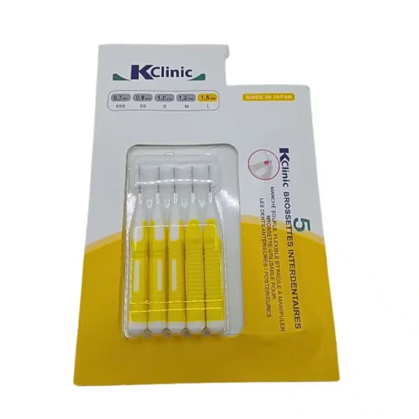 Blister jaune de cinq brossettes interdentaires KClinic 1,5 mm L