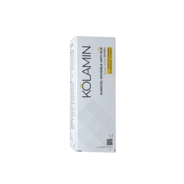 Étui blanc et jaune Kolamin Sunxcel écran solaire invisible SPF50+ 50 ml