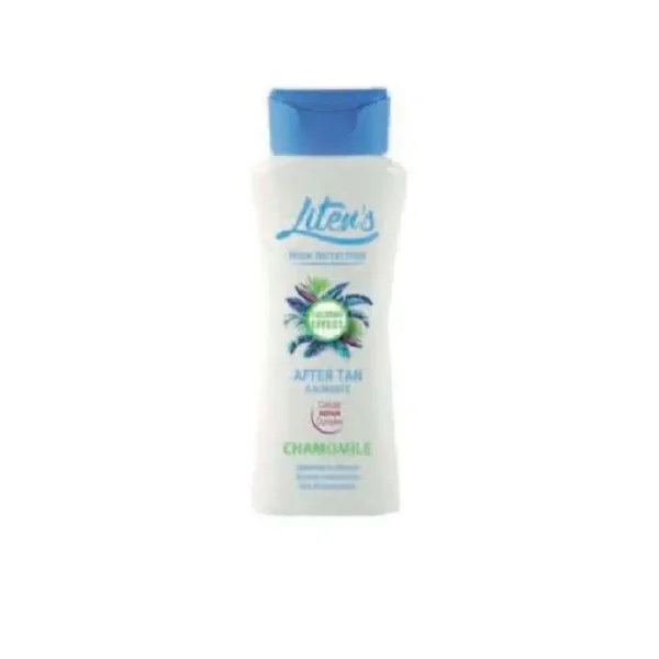Flacon blanc à bouchon bleu Liten's après-soleil camomille 250 ml