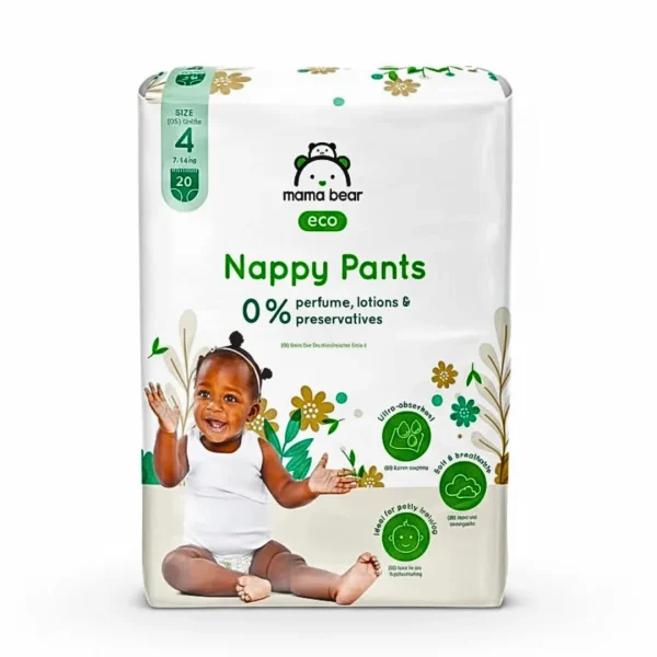 Paquet Mama Bear Eco Nappy Pants taille 4, bébé souriant sur l'emballage