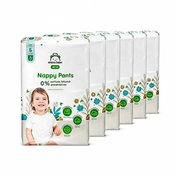 Paquets Mama Bear Eco Nappy Pants taille 6 alignés, visuel de packaging