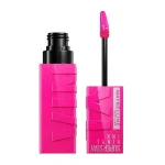 Tube fuchsia Maybelline Super Stay Vinyl Ink avec applicateur flèche rose