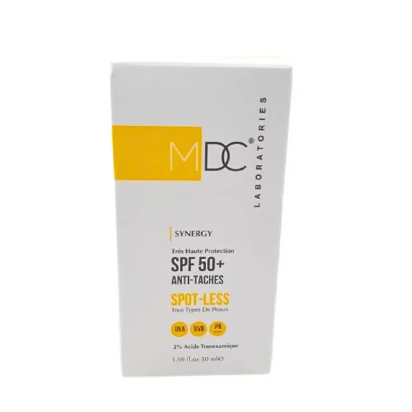 Etui blanc et jaune MDC Synergy Spot-Less SPF 50+ anti-taches 50 ml