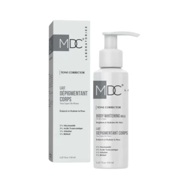 Flacon pompe blanc et etui MDC Tone Corrector lait depigmentant corps 150 ml