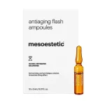 Étui blanc Mesoestetic Antiaging Flash Ampoules et ampoule en verre ambré