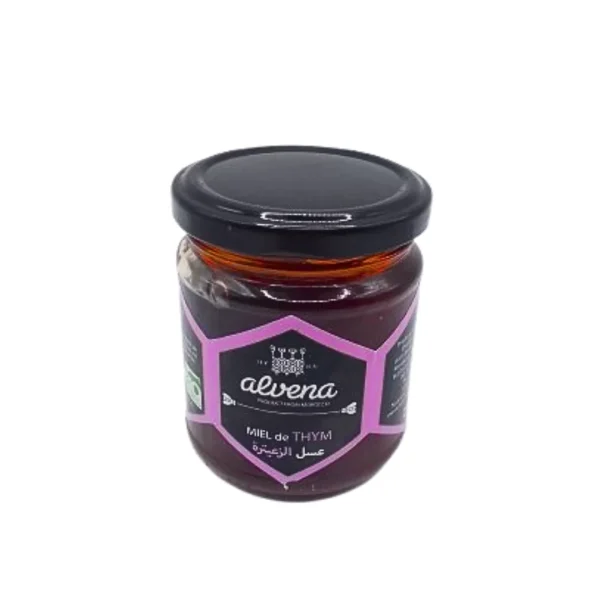 Pot en verre Alvena miel de thym étiquette noire et rose 130 g