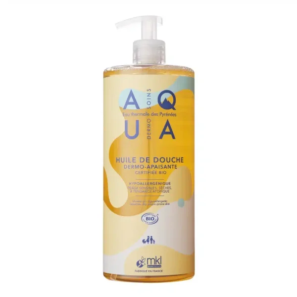 Flacon pompe jaune MKL Aqua huile de douche dermo-apaisante bio 1L