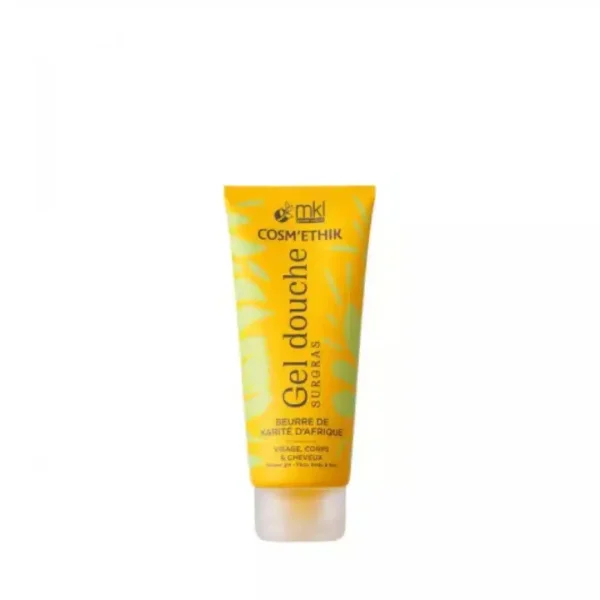 Tube jaune gel douche surgras Cosm'ethik beurre de karité d'Afrique, motif végétal
