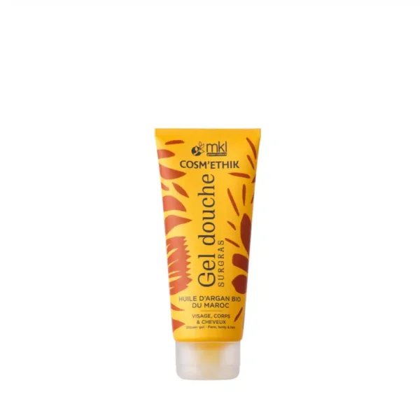 Tube jaune et orange gel douche surgras Cosm'ethik huile d'argan bio du Maroc