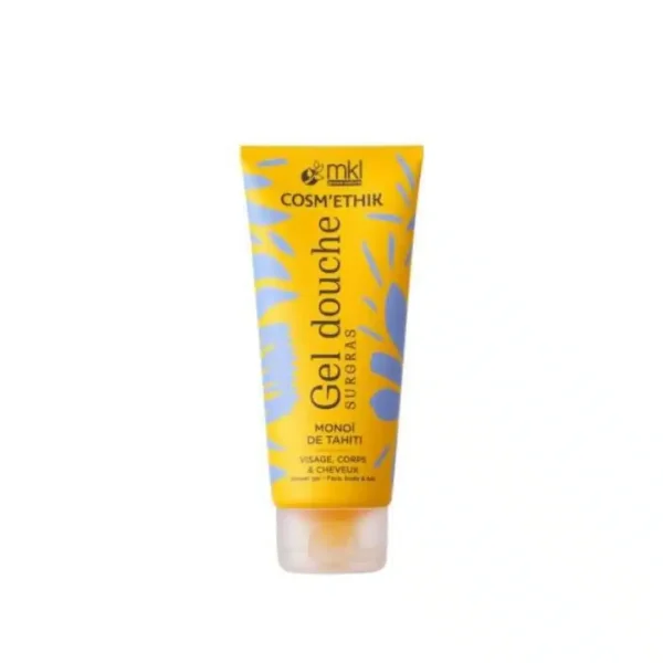 Tube jaune gel douche surgras Cosm'ethik monoï de Tahiti, feuillage bleu imprimé