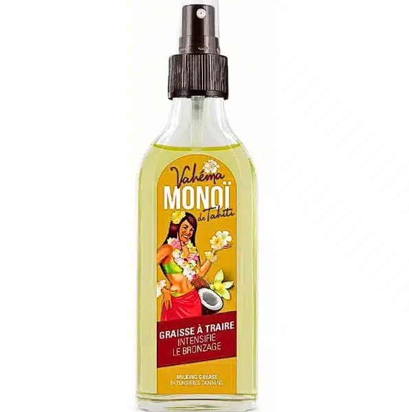 Flacon spray Vahéma Monoï de Tahiti graisse à traire, étiquette jaune illustrée