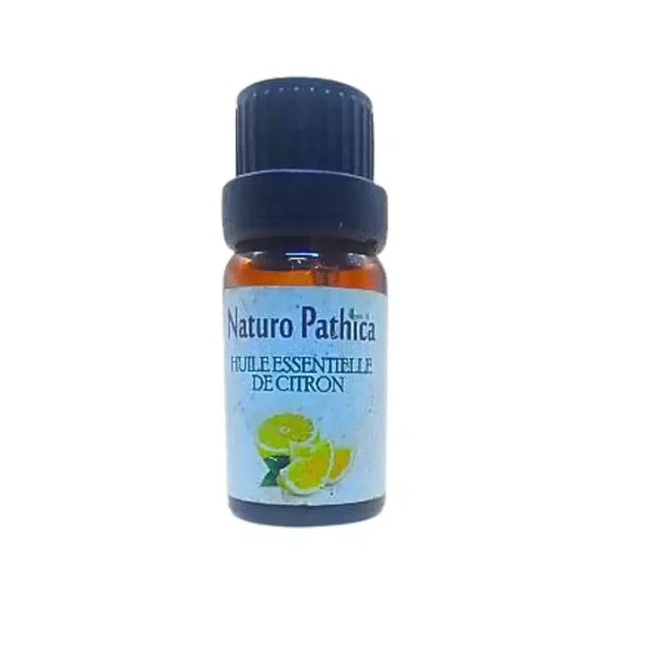 Flacon verre ambré 10 ml huile essentielle de citron, étiquette bleue illustrée