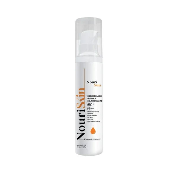 Flacon pompe blanc NouriSkin Nouri Sun crème solaire invisible SPF50+ 50 ml