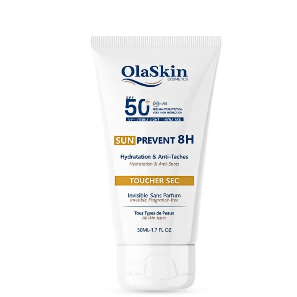 Tube blanc OlaSkin Sun Prevent 8H SPF50+ toucher sec 50 ml