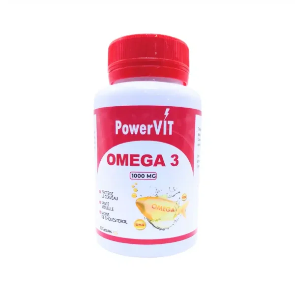 Flacon blanc et rouge PowerVIT Omega 3 1000 mg, 60 capsules