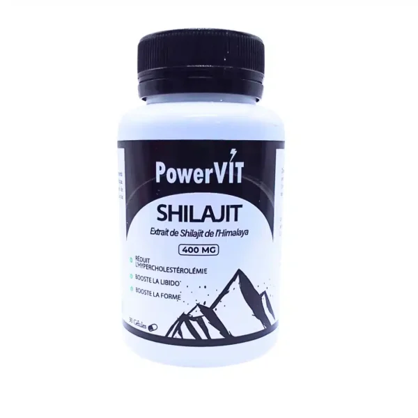 Flacon blanc à étiquette noire PowerVIT Shilajit 400 mg 30 gélules