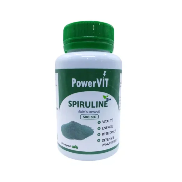 Flacon vert et blanc PowerVIT Spiruline Bio 500 mg, 120 comprimés