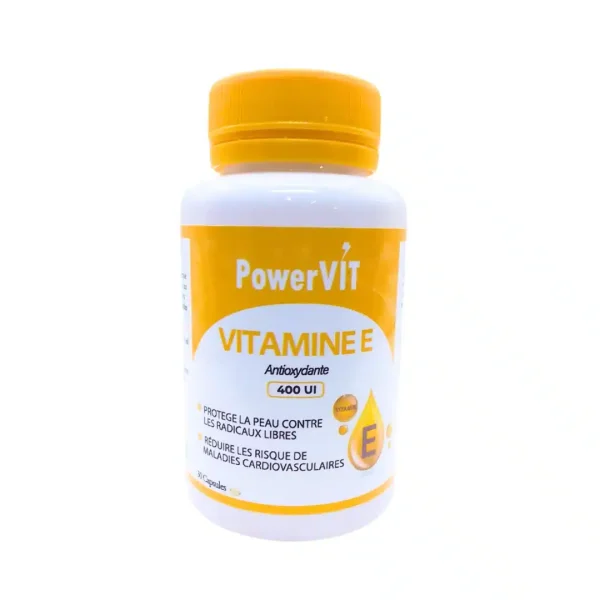 Flacon jaune et blanc PowerVIT Vitamine E 400 UI, 30 capsules