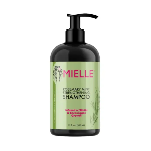 Flacon-pompe noir Mielle Rosemary Mint Strengthening Shampoo 355 ml