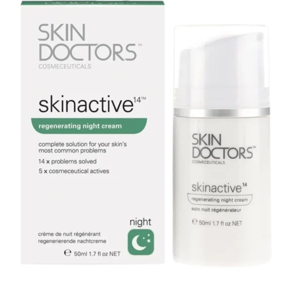 Étui et flacon pompe blancs Skin Doctors Skinactive14 crème de nuit 50 ml
