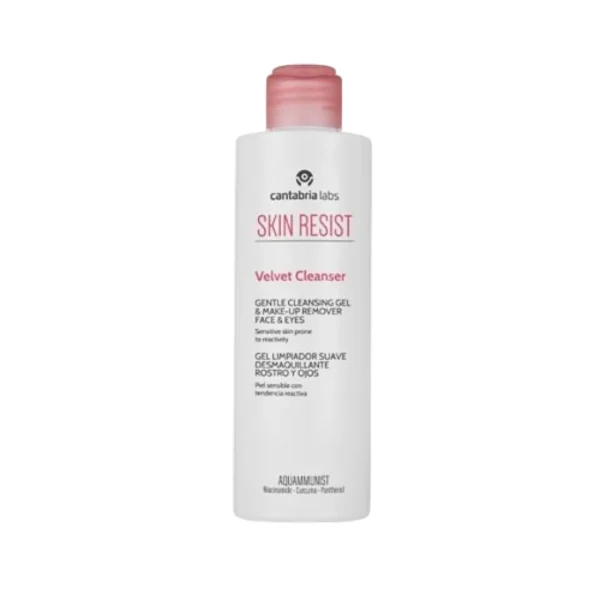 Flacon blanc à bouchon rose Skin Resist Velvet Cleanser gel nettoyant 200 ml