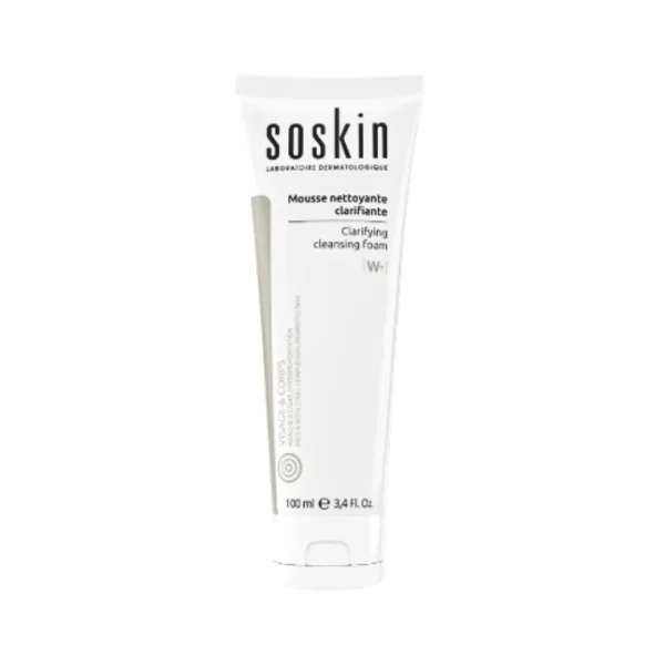 Tube blanc Soskin mousse nettoyante clarifiante W+ 100 ml visage et corps