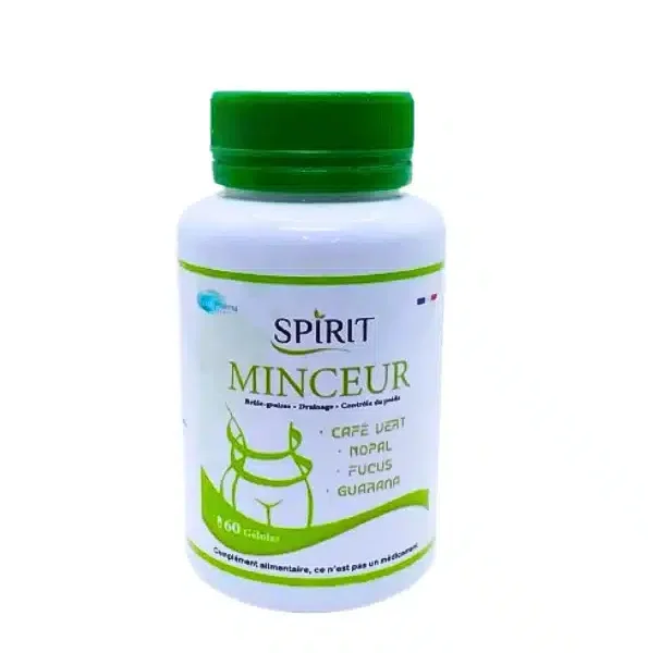 Flacon blanc Spirit Minceur bouchon vert silhouette et plantes 60 gélules