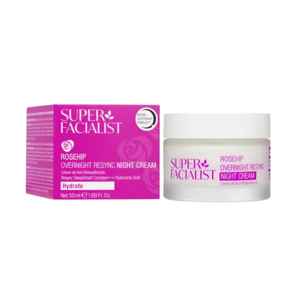 Pot et étui roses Super Facialist Rosehip Overnight Resync Night Cream 50 ml