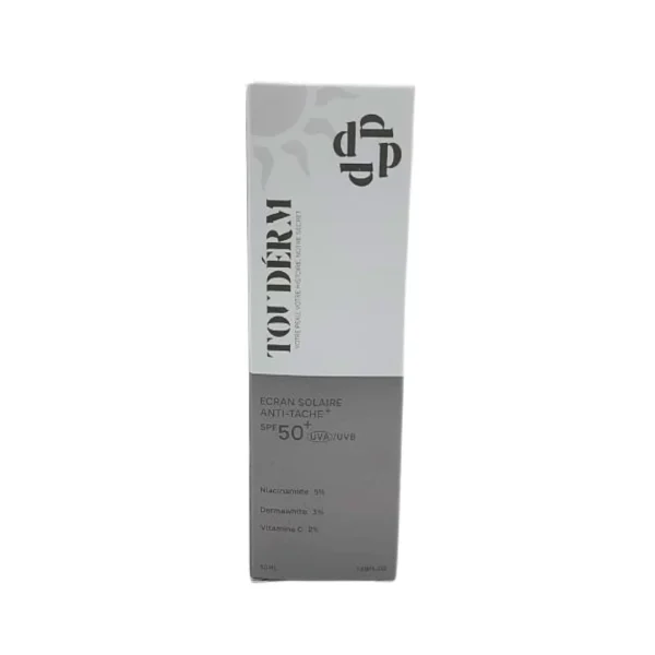 Boîte blanche et grise de l'écran solaire anti-tache Touderm SPF50+ 50 ml