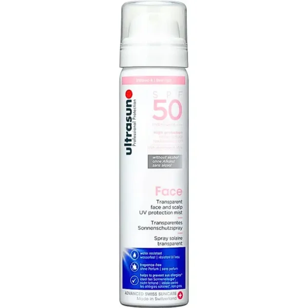 Flacon spray blanc Ultrasun protection solaire transparente visage et cuir chevelu