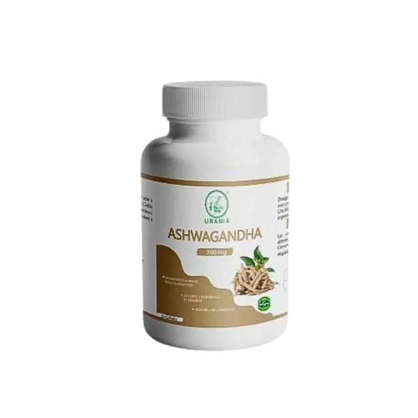 Flacon blanc Urania Ashwagandha 300 mg avec racines de la plante