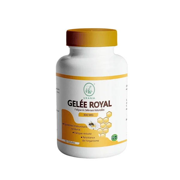 Flacon Urania Gelée Royale 300 mg avec abeille et alvéoles dorées