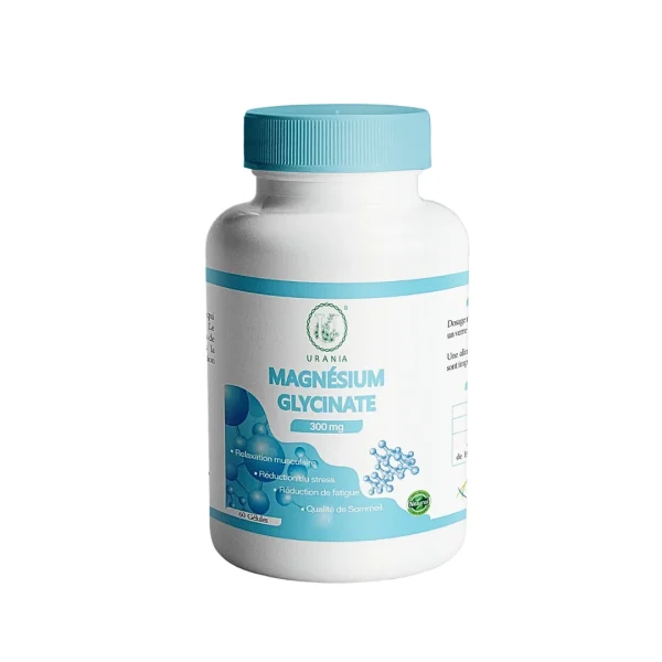 Flacon Urania Magnésium Glycinate 300 mg avec bouchon bleu turquoise