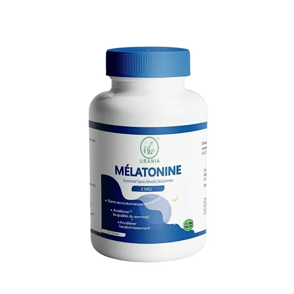 Flacon Urania Mélatonine 2 mg sommeil avec bouchon bleu foncé et lune