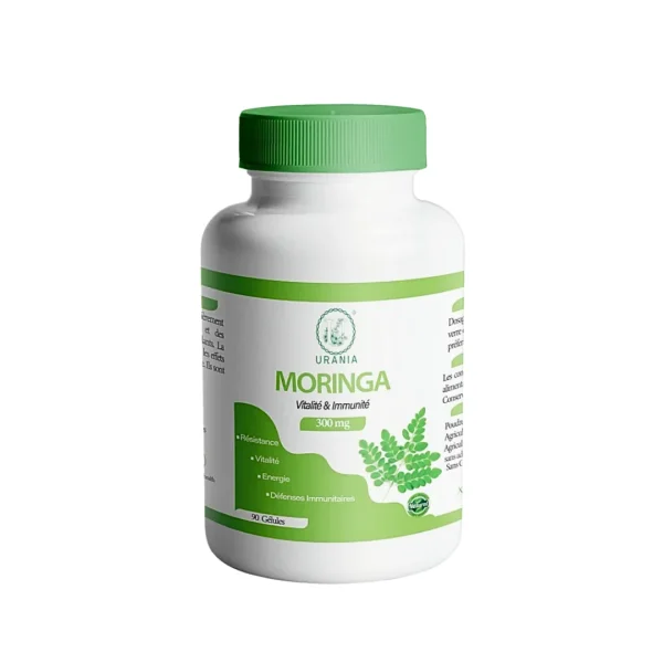 Flacon Urania Moringa 300 mg vitalité et immunité avec feuilles vertes