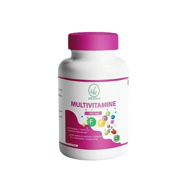 Flacon Urania Multivitamine 400 mg avec bouchon rose et bulles de vitamines