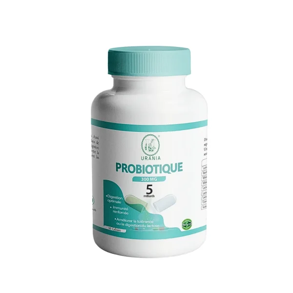 Flacon Urania Probiotique 300 mg 5 milliards avec bouchon vert d'eau